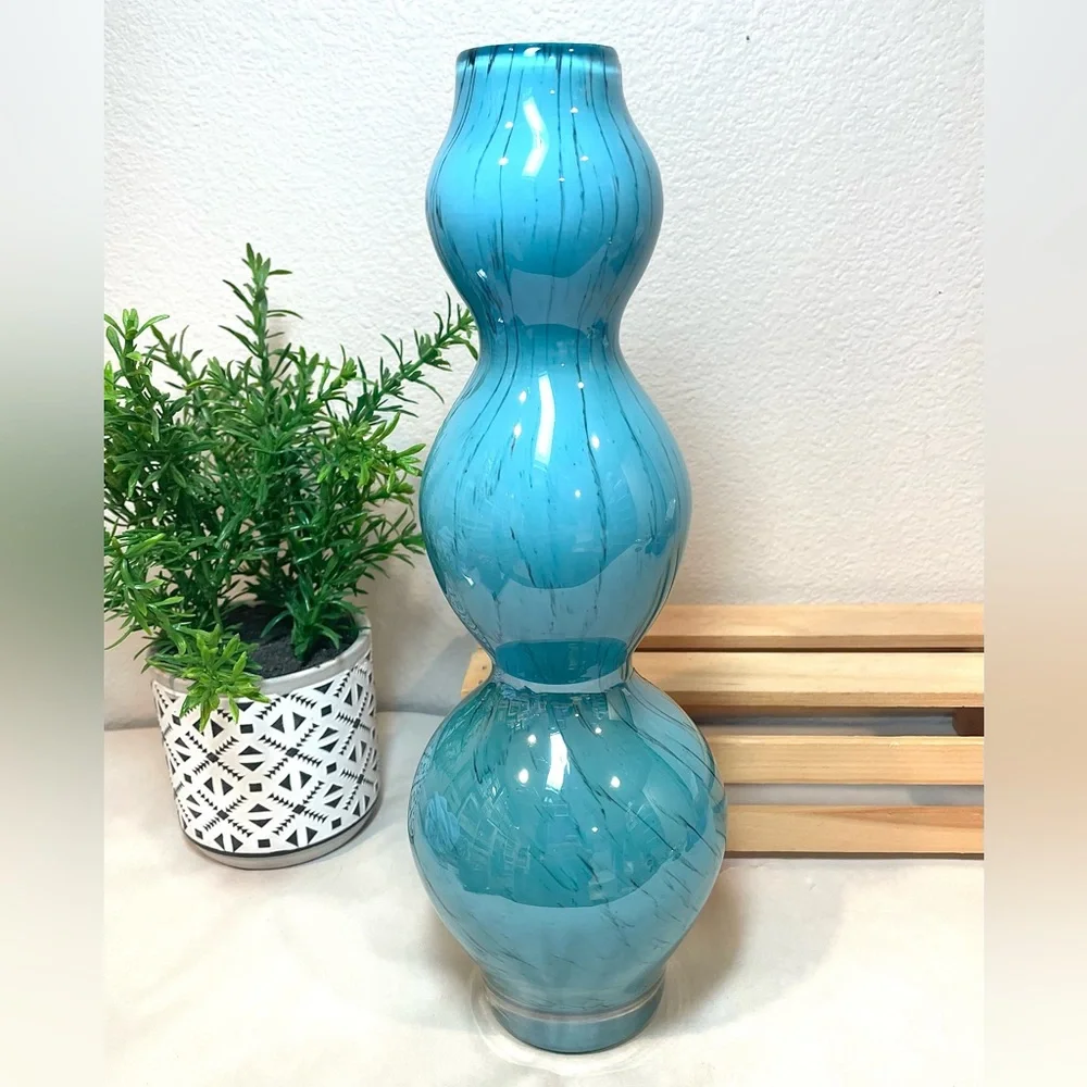 Vintage Pier 1 Turquoise Blue w Black Etch Art Glass Triple Gourd Vase | EUC